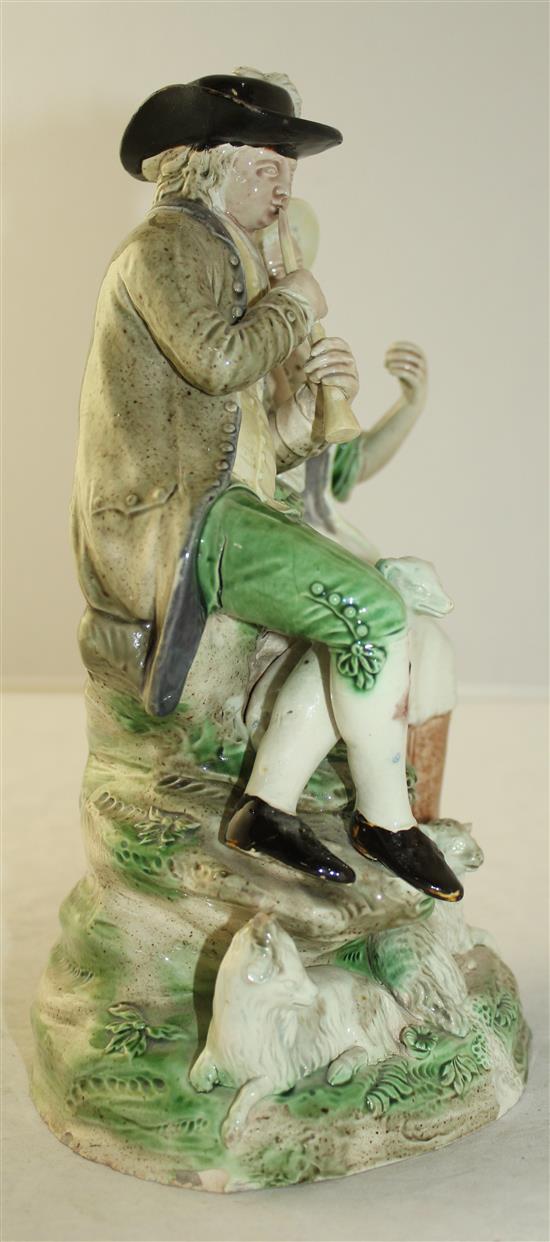 A Ralph Wood (the younger) lead-glazed group of a shepherd and shepherdess, c.1780-1800, 24.7cm, part of horn replaced and other slight